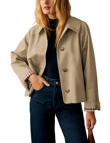 Dqbeng Womens Short Trench Jacket Plaid Lining Button Front Lightweight Classic Casual Outerwear with Pockets (Tan-M)