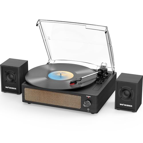 Record Player with Passive Bookshelf Speakers Belt-Drive Vintage Turntable for Vinyl Records External Dual Stereo Speakers LP Players 3 Speed Wireless AUX Headphone Input Auto Stop Retro Black Wooden
