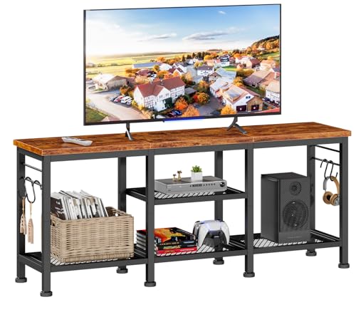 Furologee TV Stand, Entertainment Center with Open Shelves, Rustic Brown | TV Table with Storage Shelves, 4 Hooks, TV Console Up for 55 Inch TVs, TV Stands for Living Room, Bedroom