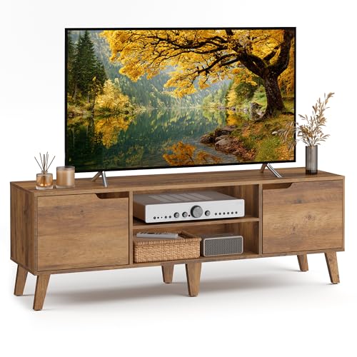 VASAGLE TV Stand for 65'' TV, Entertainment Center with Adjustable Shelf | 58'' Media Console TV Table for Living Room, Mid-Century Modern Style TV Cabinet, Honey Brown, MIRANTA Collection ULTV556K01