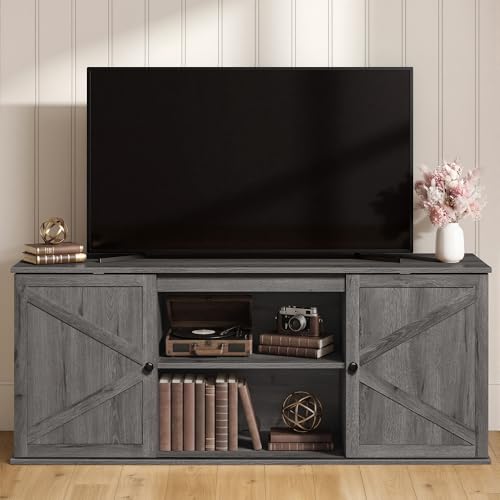 VASAGLE Farmhouse TV Stand for 65" TV, Media Console, Sliding Barn Doors | Entertainment Center for Living Room, Bedroom, TV table with Storage Cabinets, Smoked Gray, HAINS Collection ULTV535G101