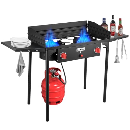 Bestfire 2 Burner Propane Stove, 150,000 BTU High Pressure Camping Burner with Windscreen, Side Shelves, Removable Legs, CSA Certified for Outdoor BBQ Backyard Cooking