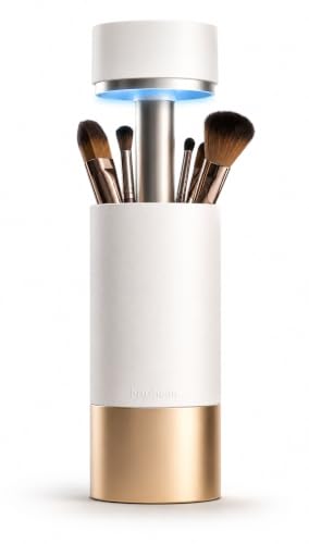 Brushean UVC Sanitizer with Ozone, Makeup Brush Holder, One Touch for Open, Dustproof Make Up Supplies Organized Storage, Stylish and Durable Design (Standard, White/Rose Gold)