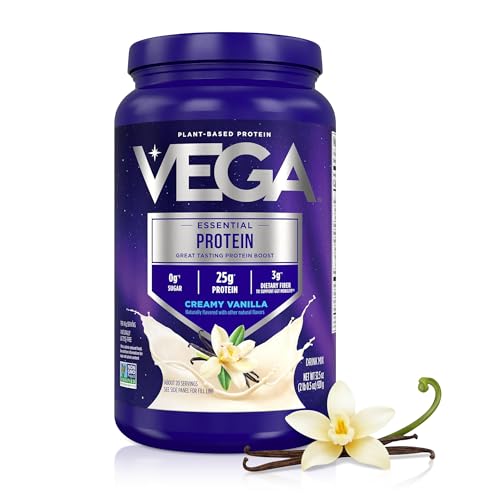 Vega Essential Protein – 25g Vegan Protein Powder, Creamy Vanilla, Dairy-Free Vanilla Shake – Large Tub, 32.5oz (20 Servings)