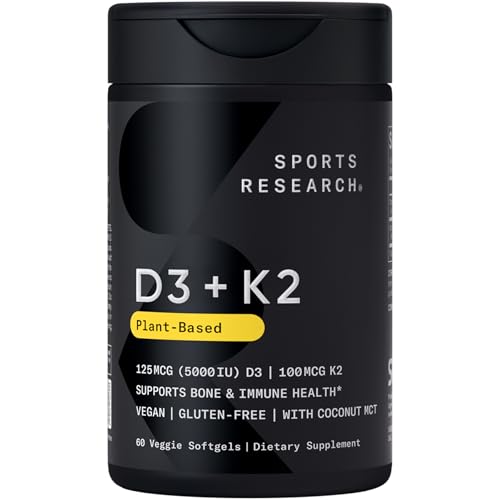 Sports Research® Vegan Vitamin D3 + K2 w/Coconut Oil, 60 Count Plantgels™