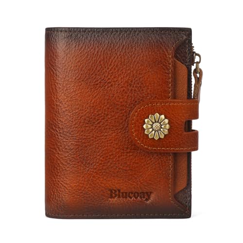 Blucoay Wallet Women,RFID Blocking Leather Womens Wallet Bifold Compact Card Holder Small Wallet for Women with Removable ID Window Brown