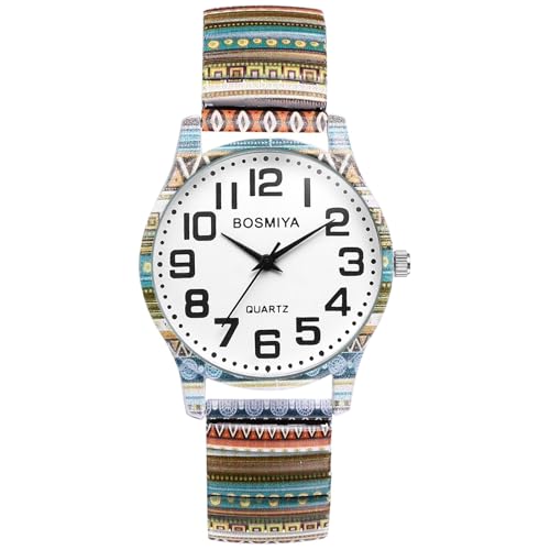 OIDEA Stretch Band Watches for Women: Bohemia Flower Easy Reader Elastic Strap Watch Large Face Big Number Analog Quartz Bracelet Watch Expansion Band Wristwatch