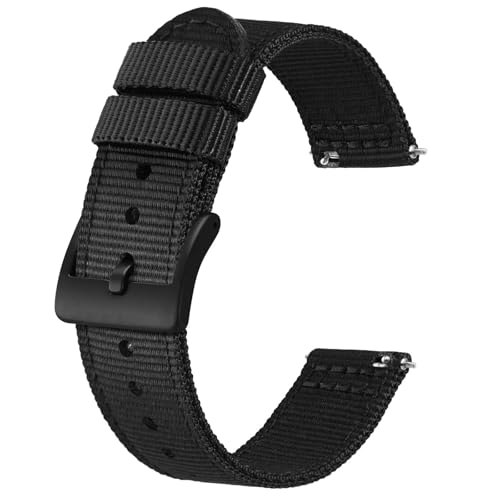 BISONSTRAP Men’s Nylon Watch Bands, Two-Piece Military Watch Straps, Quick Release, Brushed Buckle, 20mm, Black (Black Buckle)