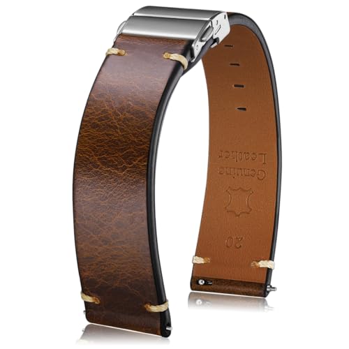 Getalia 20mm Leather Watch Band, Folding Clasp, Quick Release, Brown