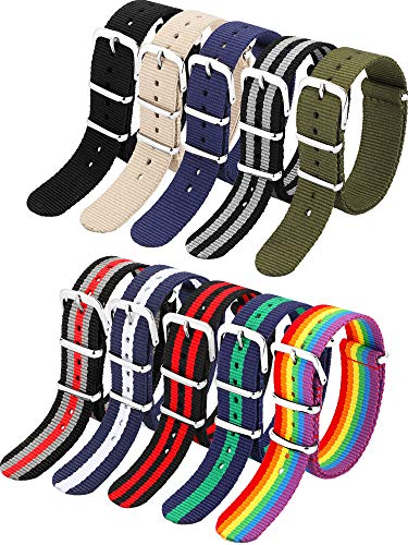 meekoo 10 Pcs Nylon Watch Strap Classic with Stainless Steel Buckle, 18 mm