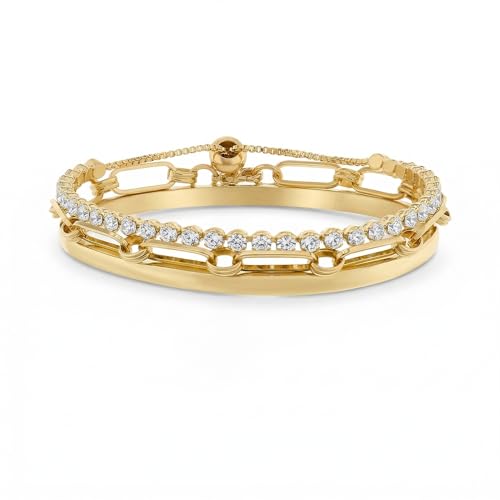 AQUAMIR Waterproof Bracelet Set 14K Yellow Gold Plated Brass Cubic Zirconia Tennis Bracelets for Women Jewelry Sets Stack Trendy Dainty Stackable Paperclip Chain Bangle