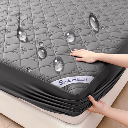 SheRest 100% Waterproof Mattress Protector Queen Size, Ultra-Soft Breathable Noiseless Mattress Pad with Deep Pocket 6"-18" Depth, Oil & Stain Resistant Bed Wetting Mattress Cover Washable (Grey)