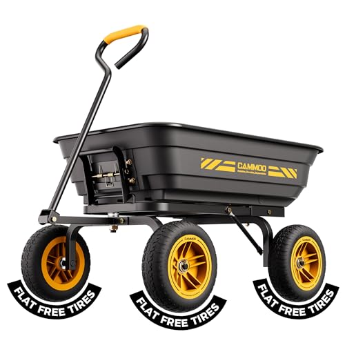 CAMMOO 10in NO-FLAT TIRES 600lb Heavy-Duty Garden Dump Cart 4 Cu.Ft. Utility Wagon with Quick-Release Dumping & Prime Grade 100% Virgin Polypropylene - Not Recycled Material for Landscaping Gardening