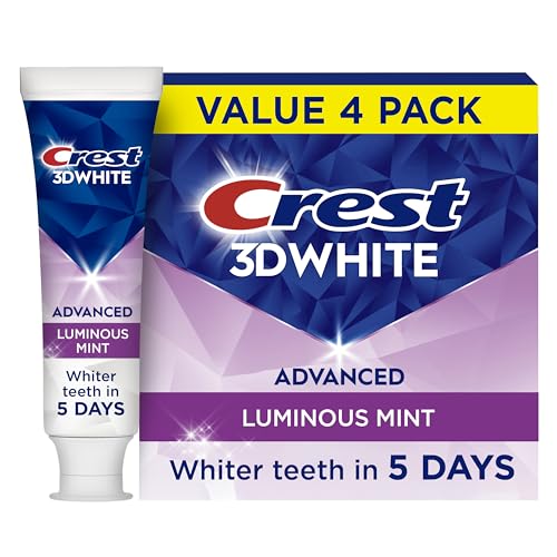 Crest 3D White Advanced Toothpaste, Luminous Mint, 3.7 oz (Pack of 4), Whiter Teeth in 5 Days, Enamel Safe Fluoride Toothpaste for Cavity Protection and Stain Removal