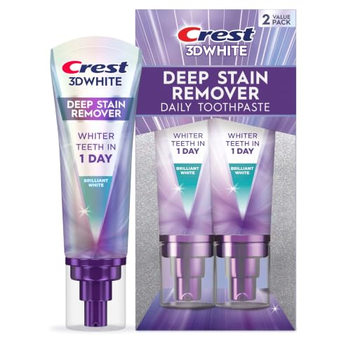 Crest 3D White Deep Stain Remover Brilliant White Toothpaste, 3.1 oz (Pack of 2), Whiter Teeth in 1 Day, Enamel Safe Fluoride Toothpaste for Fast Stain Removal and Prevention