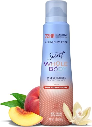 Secret Aluminum Free Whole Body Deodorant Spray for Women, 72hr Sensitive Freshness & Odor Defense, PH Balanced, Invisible Protection, Safe to Use Everywhere, Peach & Vanilla Blossom Scent, 3.5 oz