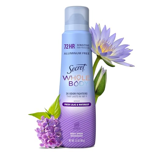Secret Aluminum Free Whole Body Deodorant Spray for Women, 72hr Sensitive Freshness & Odor Defense, PH Balanced, Invisible Protection, Safe to Use Everywhere, Fresh Lilac & Waterlily Scent, 3.5 oz