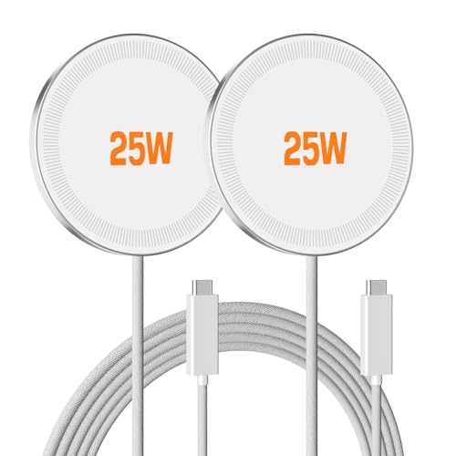 25W Magnetic Wireless Charger: Fast Charging Pad for iPhone 17 16 15 14 13 12 Pro Max, Samsung Galaxy S26 S25, Google Pixel 10, AirPods-Slim Portable for Travel Bedside Office-White 2 Pack