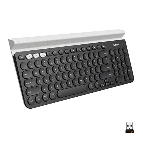Logitech K780 Multi-Device Wireless Keyboard with Built-in Cradle, Speckles | Compact keyboard, Bluetooth or USB connect, type on 3 paired devices, cradle can hold a smartphone and large tablet together