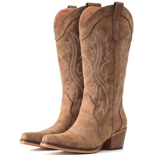 IUV Cowboy Boots For Women Western Cowgirl Boots Mid Calf Snip Toe