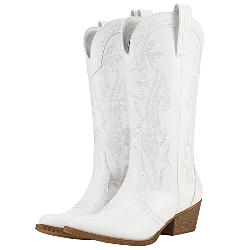 HISEA Rollda Cowboy Boots for Women, Cowgirl Boots, Comfortable Western Boots with Pointed Toe Stitched Embroidery for Country Concert Dancing Wedding Traveling Daily Outfits