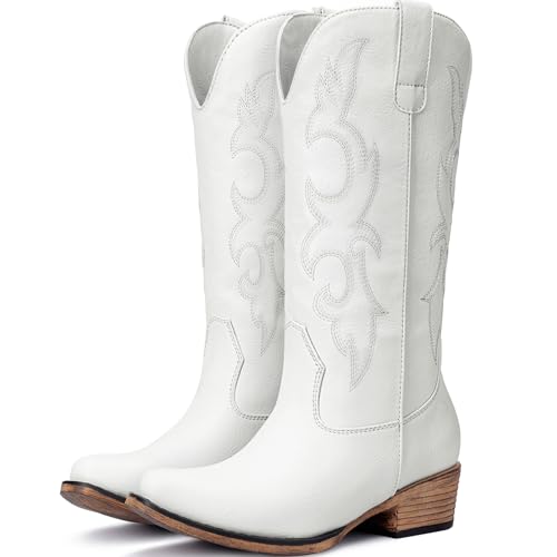 Choiran Cowboy Boots for Women - Mid Calf Cowgirl Boots Western Chunky Heel Pointed Toe Boot with Retro Embroidery, Country Concert Outfit Essentials for Rodeo Festival White US 8