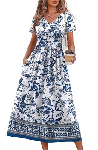 OFEEFAN Summer Dresses for Women Flowy Short Sleeve V Neck A Line Dress Spring Beach Vacation Casual Dresses Midi Maxi Dress Sundresses for Women Mandala Boho Print L
