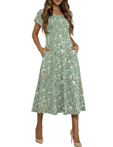 HOTOUCH Fit and Flare Dress for Women Summer Midi Dresses Womens 2026 Boho Dresses Short Sleeve Sping Dress A Line, Light Green Floral,XL