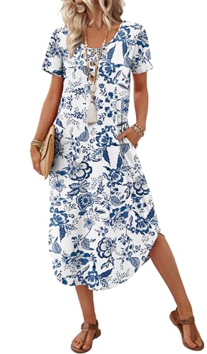 OFEEFAN Summer Dresses for Women 2026 Casual Elegant Beach Vacation Outfits Resort Wear Midi Maxi Spring Dresses Blue Floral Dress Fashion Clothing XL