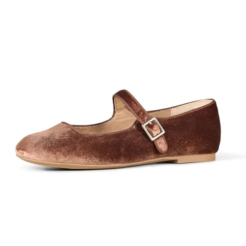 Amazon Essentials Women's Square-Toe Mary Jane Ballet Flat with Adjustable Metal Buckle Strap, Non-Slip Low Heel, Cushioned, Brown Velvet, 8