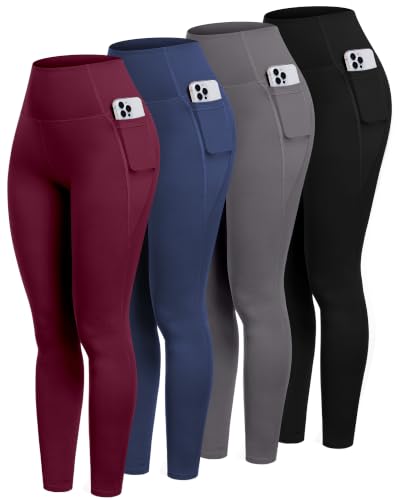 CHRLEISURE Leggings with Pockets for Women 4 Packs, Tummy Control High Waisted Yoga Workout Pants