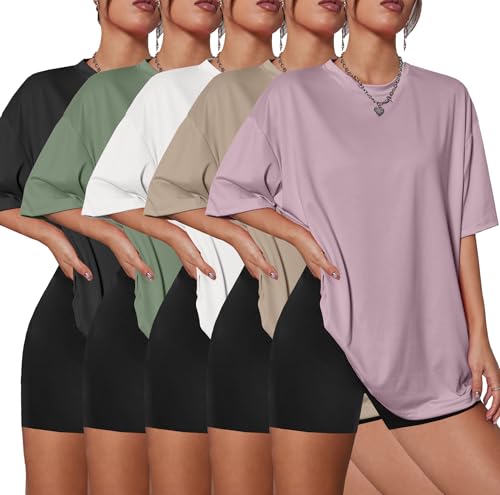 Kinglaman 5 Pack Womens Oversized T Shirts Workout Short Sleeve Summer Tops