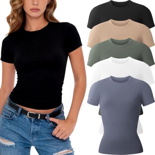 CE' CERDR 5 Pack Womens T Shirts Short Sleeve Workout Tops Basic Tees,M