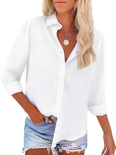 IPMQ Womens Button Down Shirts Long Sleeve Wrinkle Free Work Office Button Up Dress Shirt with Pocket White
