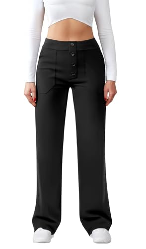 JEKAOYI Womens Casual High Waist Straight Leg Pants Stretchy Button Business Dress Work Pocket Trousers Black