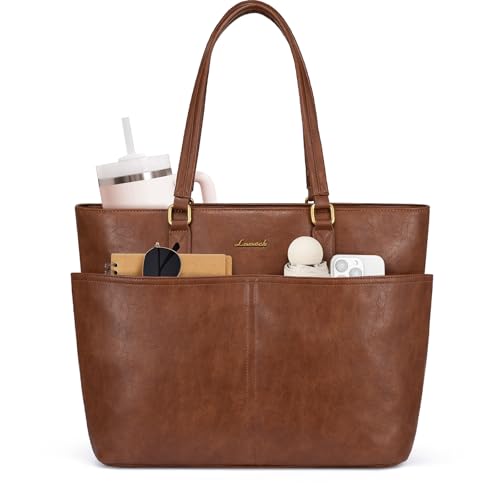LOVEVOOK Work Tote Bags for Women, Vintage Leather 15.6 Inch Laptop Bag with Large Cup Holder