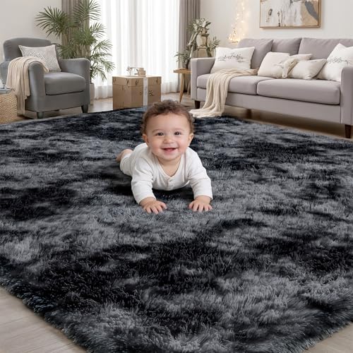 8x10 Area Rugs for Living Room Bedroom: Schwarzer grauer weicher flauschiger Shag-Upgrade-Rutschfest Hochflor-Teppich großer, zotteliger Plüsch-Innenboden-Dekoteppich für Kinder Jungen Mädchen Spielzimmer Kinderzimmer modernes Zuhause