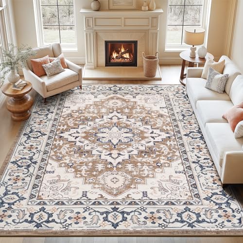 Lofus 8x10 Area Rugs for Living Room, waschbarer Teppich, Teppiche für Schlafzimmer, Küche, Vintage-Boho-Teppich, weich, rutschfest, großer Teppich mit niedrigem Flor für Büro und Esszimmer, floral braun