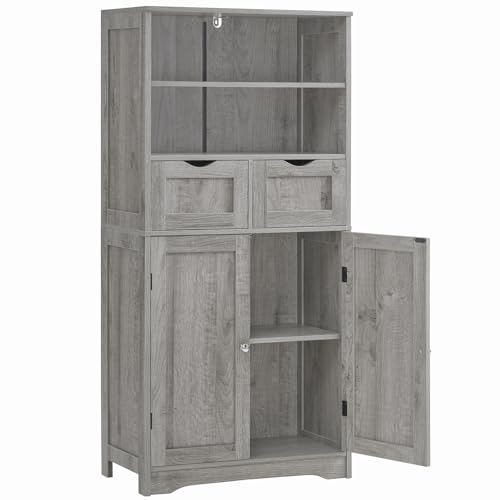 Iwell Storage Cabinet mit 2 Schubladen & verstellbarem Regalboden, hoher Badezimmerschrank mit Türen, Schrank, Küchenschrank für Wohnzimmer, Esszimmer, Eingangsbereich, Grau