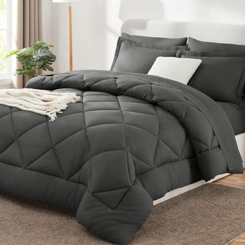 CozyLux Queen Comforter Set Dark Grey - Bed in a Bag Queen Size 7 Pieces, luxuriöses weiches Bettwäsche-Set für alle Jahreszeiten, Bedding Set mit Comforter, Sheets, Pillowcases & Shams, Dark Gray, Queen