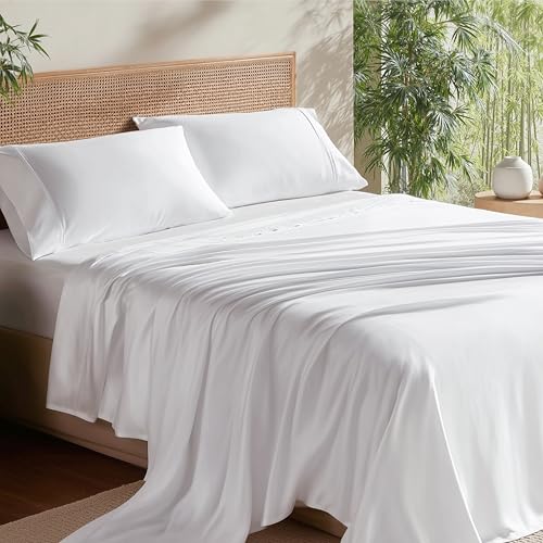 Bedsure King Size Sheet Set, Cooling Sheets, aus Bamboo abgeleitete Rayon-Fasern, Tiefe Tasche bis zu 16", PureWoven, atmungsaktiv & weich, Bettlaken, Hotel-Luxus-Seidenbettwäsche für Menschen, denen schnell warm wird, White