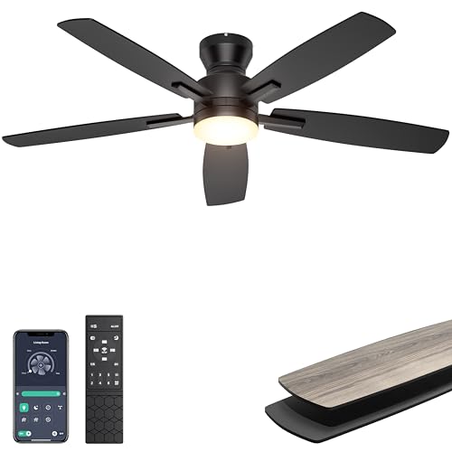 Ohniyou Ceiling Fans with Lights, 52'' Low Profile Ceiling Fan with Light and Remote/APP Control, Moderner Flush-Mount-Deckenventilator für Schlafzimmer und Wohnzimmer im Innenbereich, dimmbar, leiser DC-Motor, Schwarz