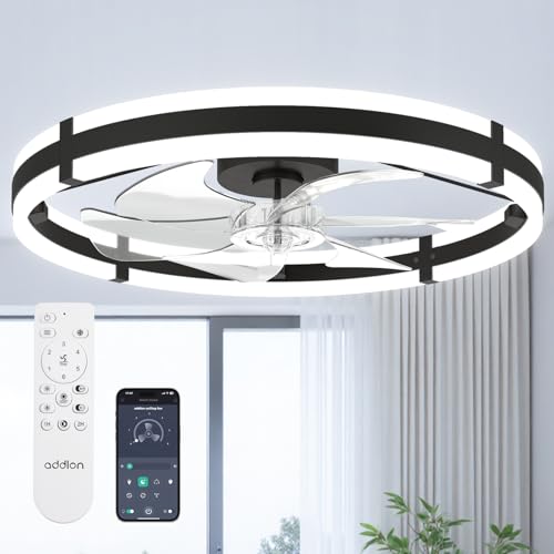 addlon 24'' Ceiling Fans with Lights and Remote, Low-Profile Flush-Mount-Deckenventilator mit Licht, dimmbares LED-Fandelier 3000-6000K, moderner kleiner schwarzer Deckenventilator für Schlafzimmer, Küche, Wohnzimmer