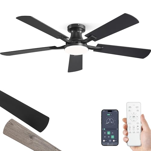 ZMISHIBO 52 Inch Ceiling Fan with Light, App- & Fernbedienung, Flush-Mount Low-Profile, dimmbares 20W-LED-Licht, leiser reversibler Motor für Schlafzimmer, Wohnzimmer, Apartment, Schwarz