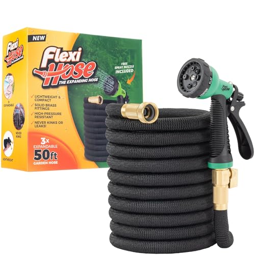 Flexi Hose Expandable Garden Hose with 8 Function Nozzle, 50FT - Leichter einziehbarer Gartenschlauch, Wasserschlauch - knickfreie Flexibilität, 3/4 Inch Solid Brass Fittings und Double Latex Core