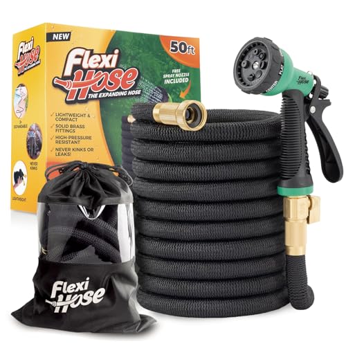 Flexi Hose Plus Expandable Garden Hose with 8 Function Nozzle, 50FT - Leichter einziehbarer Gartenschlauch, Wasserschlauch - knickfreie Flexibilität, 3/4 Inch Solid Brass Fittings Includes Hook & Bag