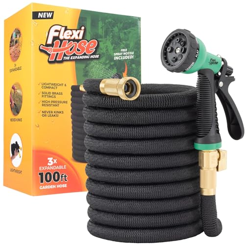 Flexi Hose Expandable Garden Hose with 8 Function Nozzle, 100FT - Leichter einziehbarer Gartenschlauch, Wasserschlauch - knickfreie Flexibilität, 3/4 Inch Solid Brass Fittings und Double Latex Core