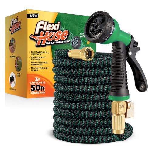 Flexi Hose with 8 Function Nozzle, 50FT - Leichter ausziehbarer Gartenschlauch, knickfreie Flexibilität, 3/4 Inch Solid Brass Fittings und Double Latex Core - Black and Green