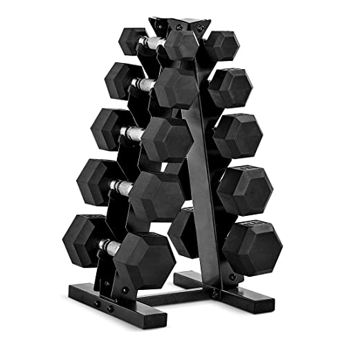 CAP 150 lb Rubber Coated Hex Dumbbell Set with Vertical Rack, ruimtebesparende A-frame opslag voor krachttraining in de home gym, chromen handgreep, zwart rek