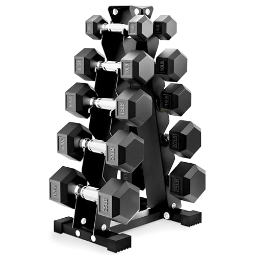 BalanceFrom Rubber Coated Hex Dumbbell Set with A-Frame Rack, zwart – massieve gietijzeren home gym gewichten met chromen handgrepen voor full-body krachttraining en spierversteviging